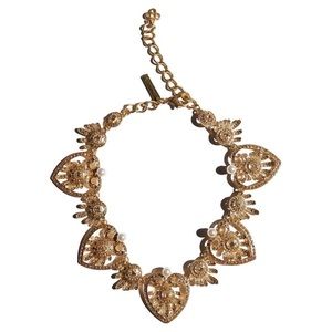 Oscar de la Renta gold heart pink crystal pearl chain choker necklace